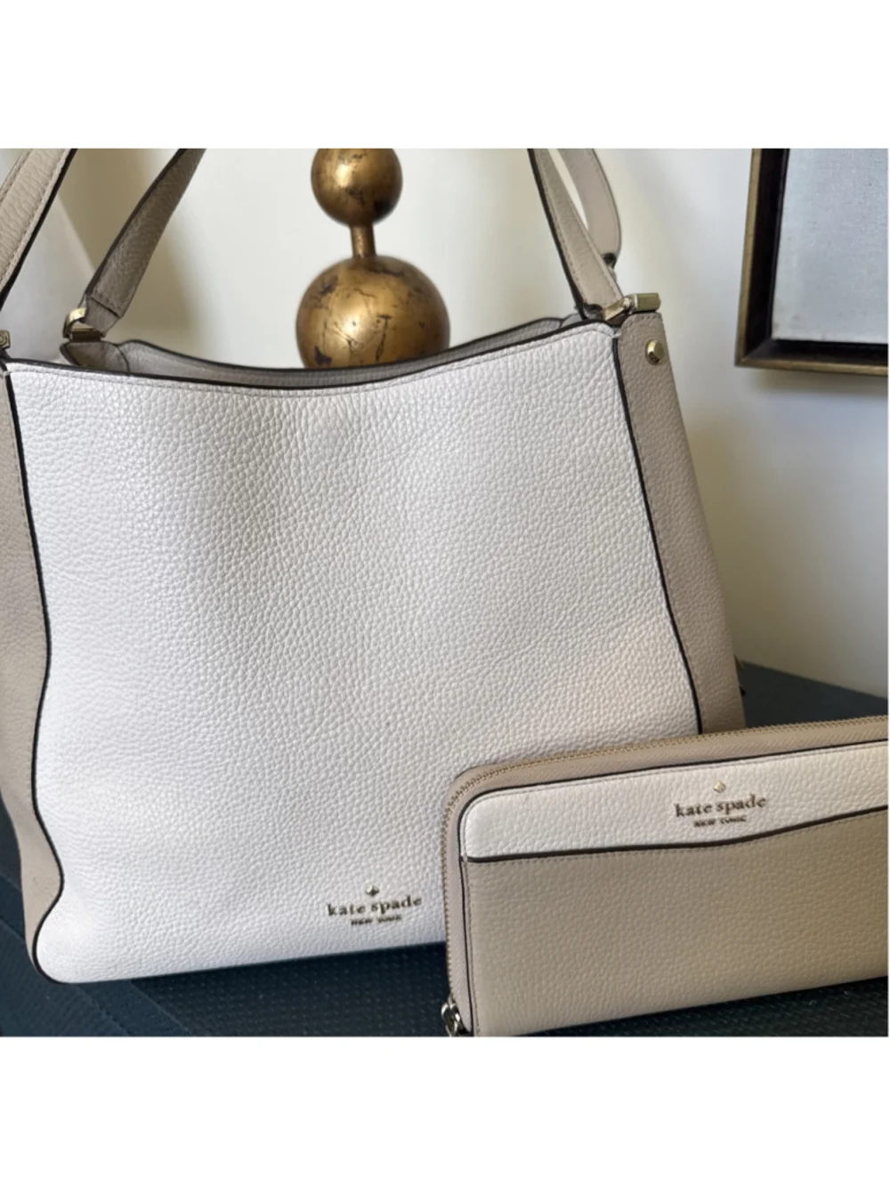 Kate Spade Leila 3 Compartment Shoulder Bag & Wallet Ivory Beige Pebble Leather